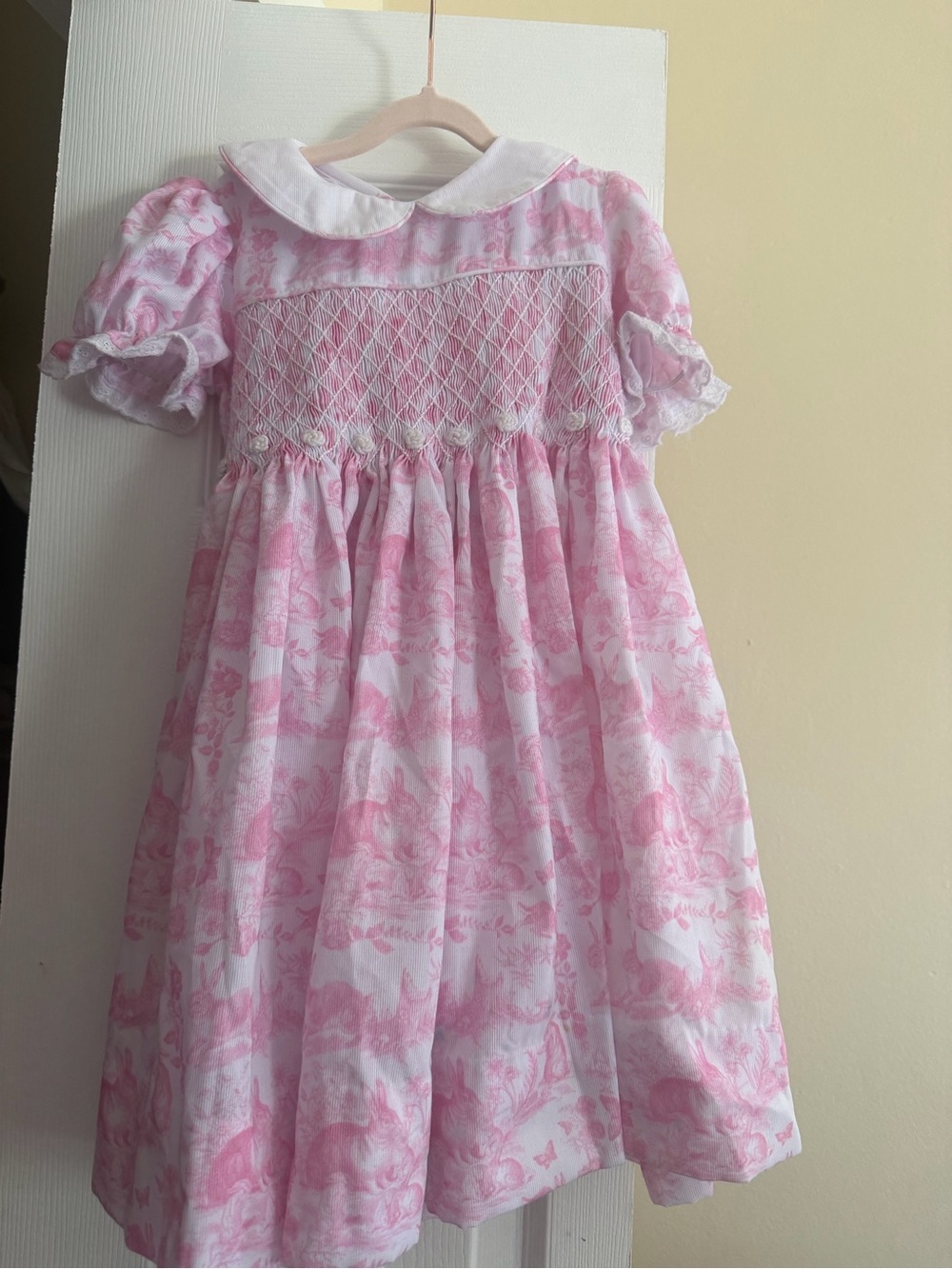 Girls Pink Smocked Dress with White Peter Pan Collar